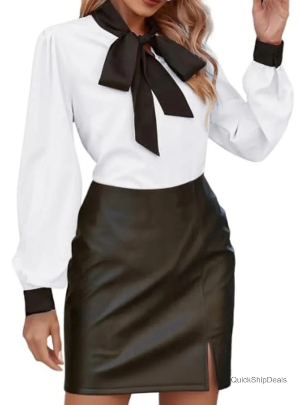 Tie Neck Bishop Long Sleeve Blouse Women Casual Work Top